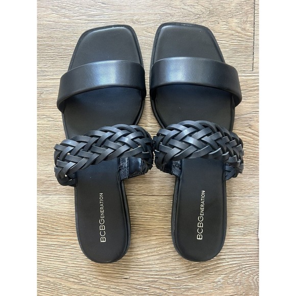 BCBG Generation Black Shoes Weave Strap Flat Slide On Sandals Women's Size 10 - Picture 3 of 5
